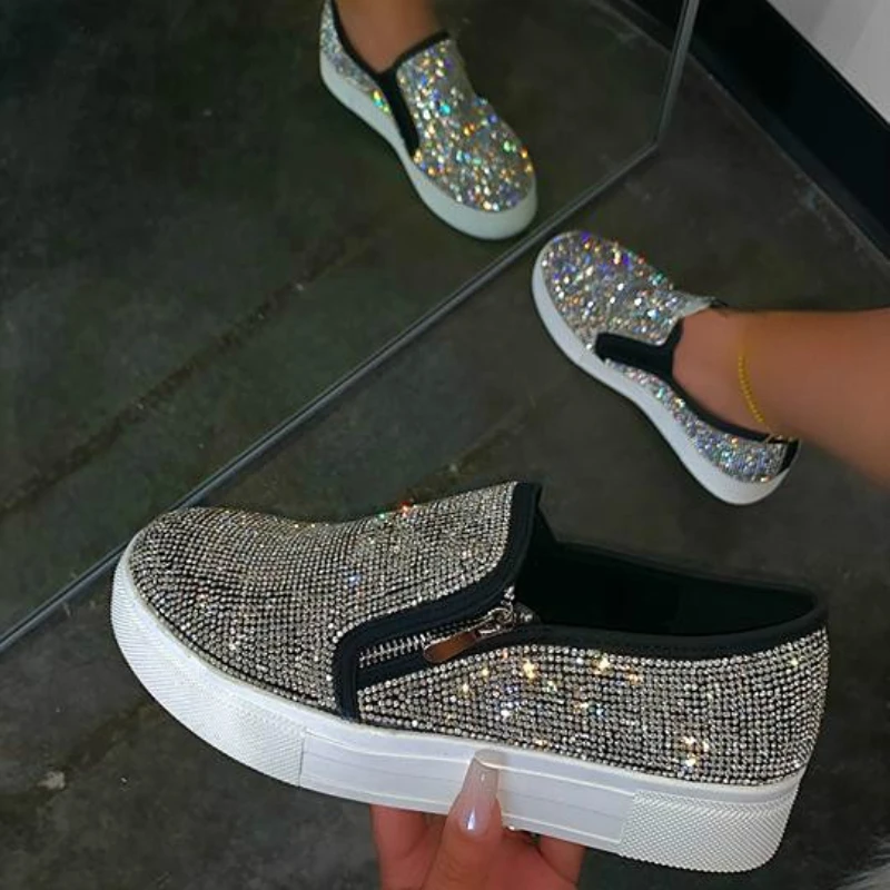 

Women's Flat Shoes Fashion Sequin Rhinestone Side Zip Loafers Simple Round Toe Solid Color Vulcanized Shoes Zapatos Mujer Rojos