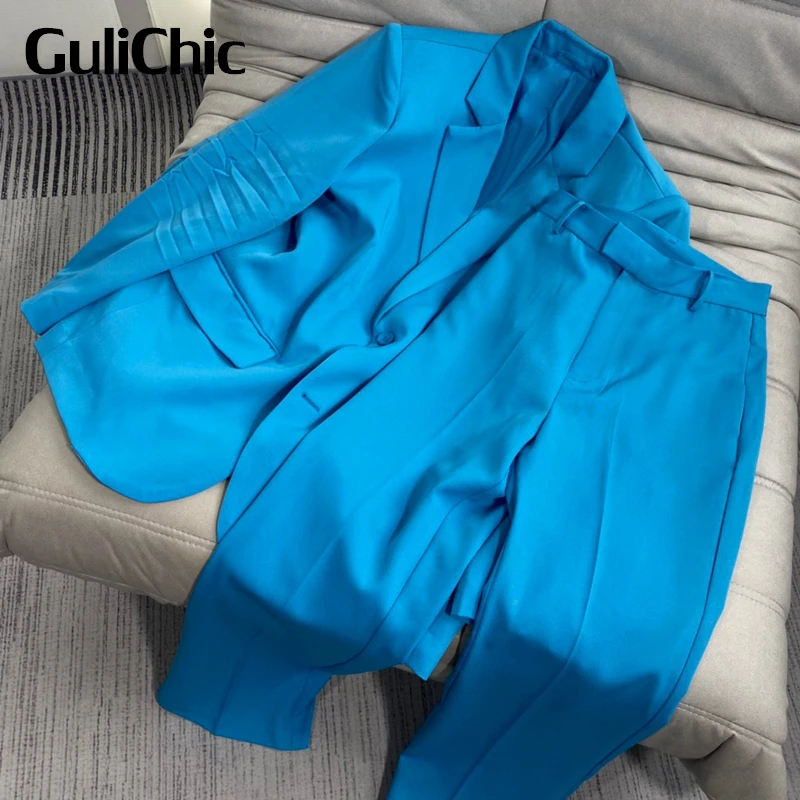 

Женский модный однотонный комплект GuliChic 7,20 года, свободный Блейзер средней длины или прямые брюки с высокой талией