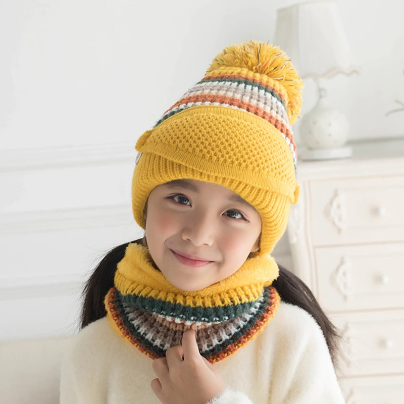 

Children Winter Knit Hats Girls Beanie Hat Kids Newest Cap Scarf Set Warm Skull Neck Warmer with Thick Fleece Lined Winter Child