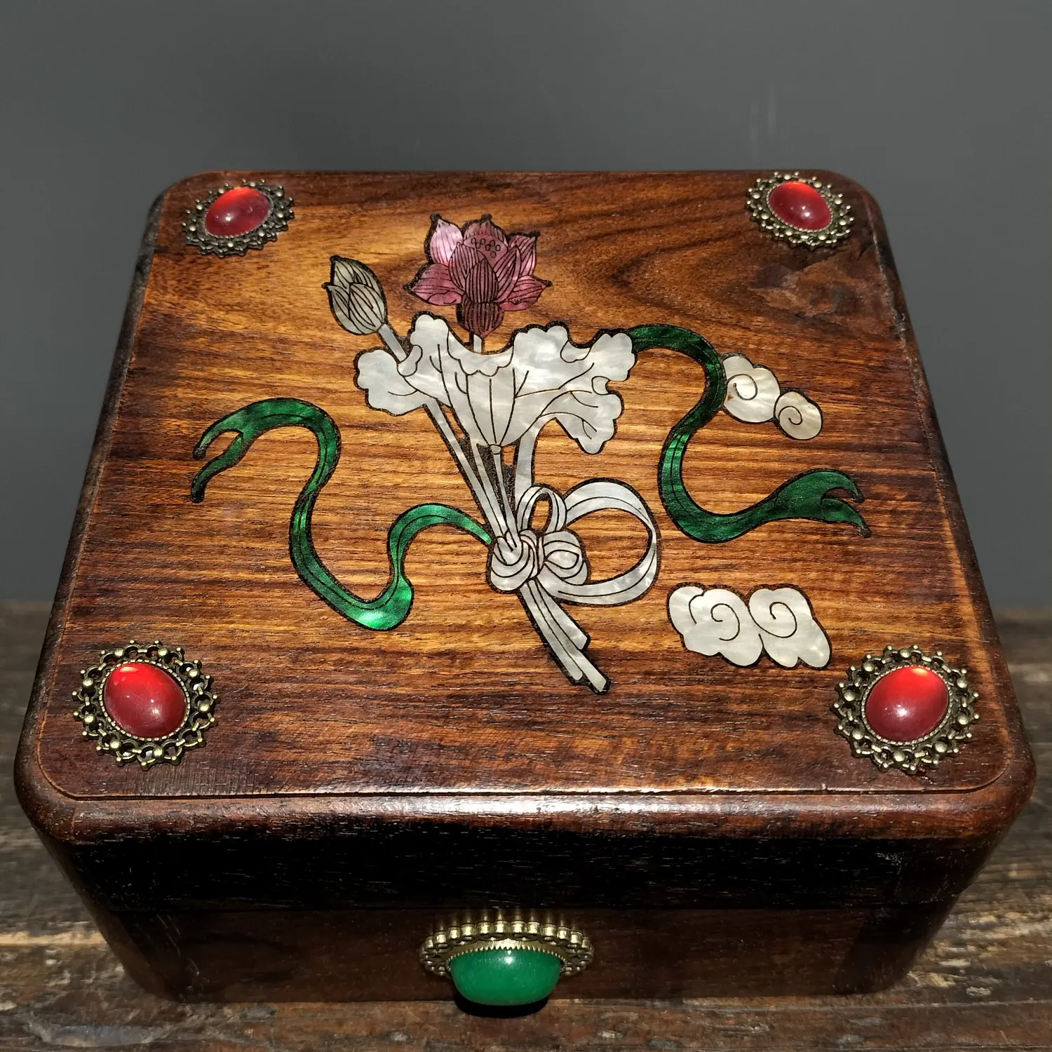 

6" Chinese Folk Collection Old Rosewood mosaic gem painted shell bloom jewelry Jewelry Box storage box Town house Exorcism