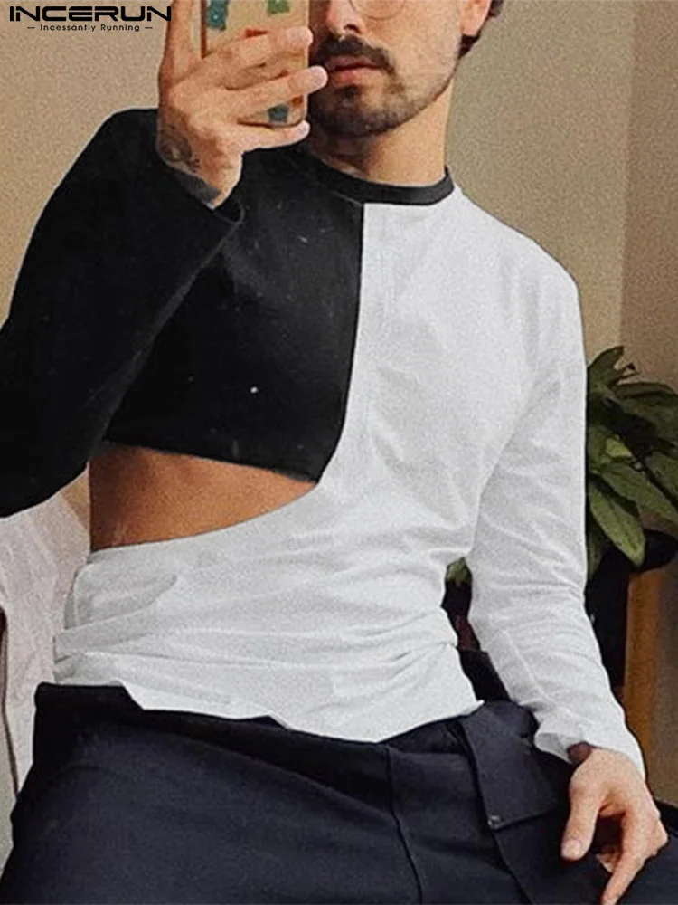 

INCERUN Men T Shirt Patchwork Hollow Out O-neck Long Sleeve Irregular Tops Streetwear 2022 Personality Casual Camisetas S-5XL