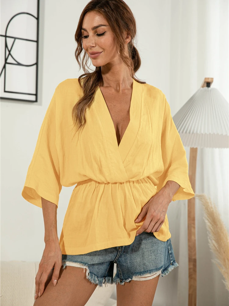 

2022 Summer Fashion New Hot Sale Solid Color V-Neck Sexy Tops Casual Pullover Ladies T-Shirts Fresh and Sweet Girls Clothing