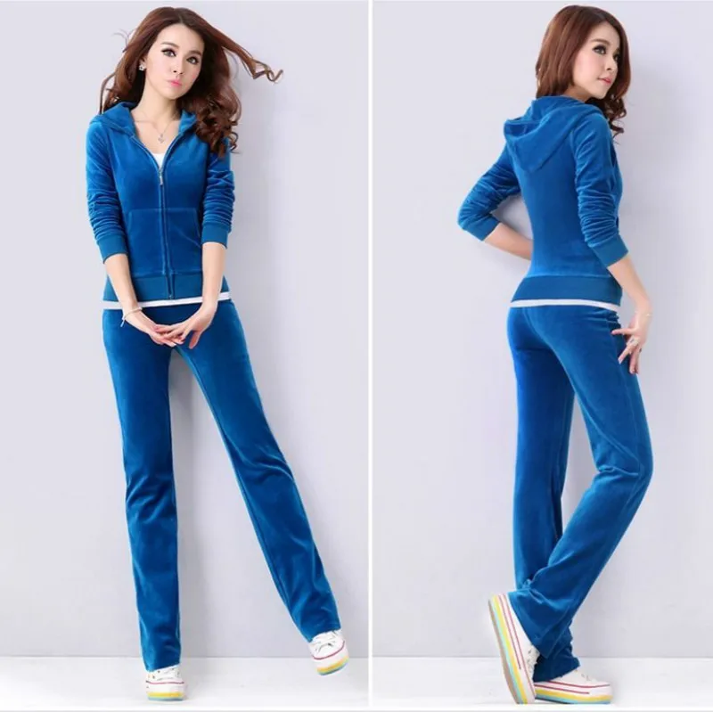 

Women Spring and Autumn Gold Velvet Set Tracksuit Two Piece Set Zipper Casual Jackets Tops + Long Pant Suit