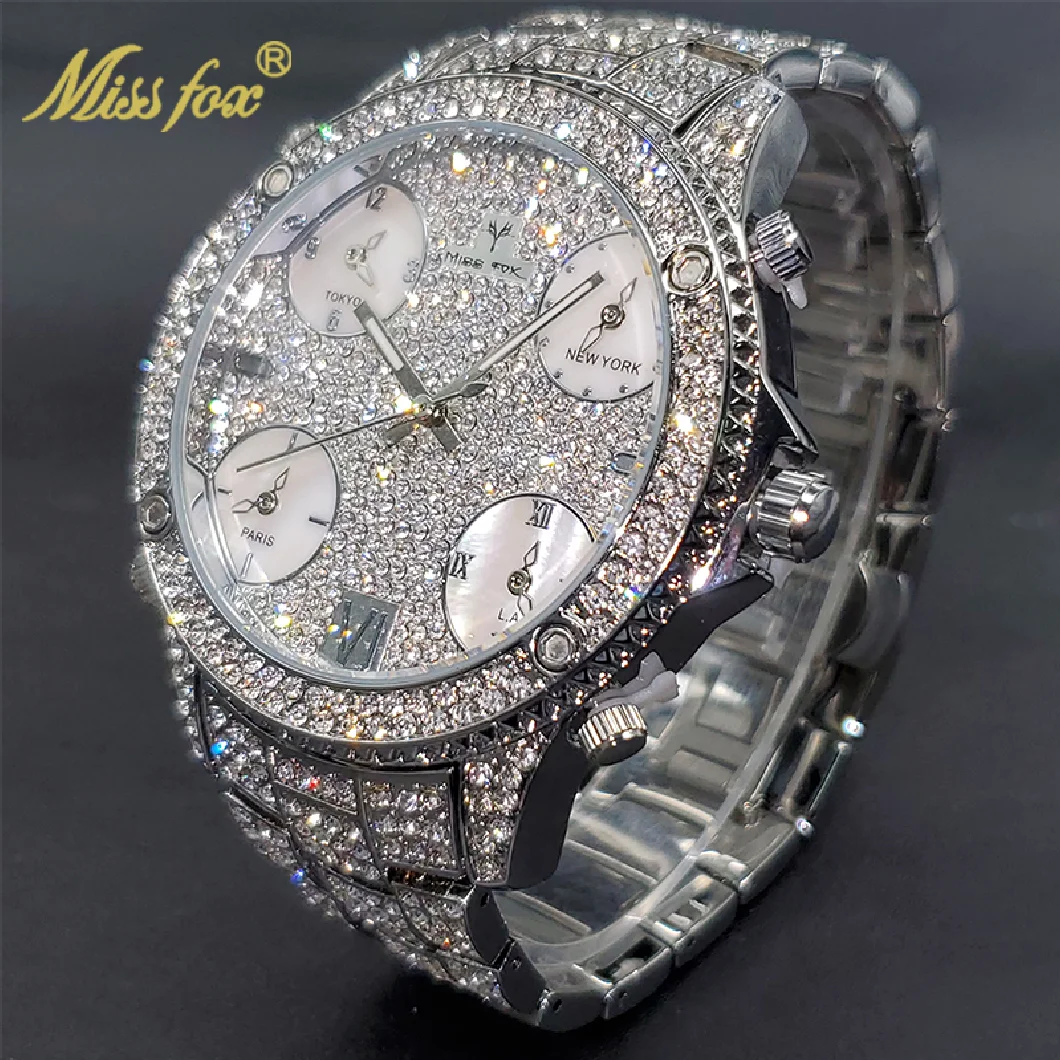 

MISSFOX Brand Large Men Quartz Watches With Diamond Bracelet Big Bezel Luxury Original Design Watch For Male Time Zone Clock