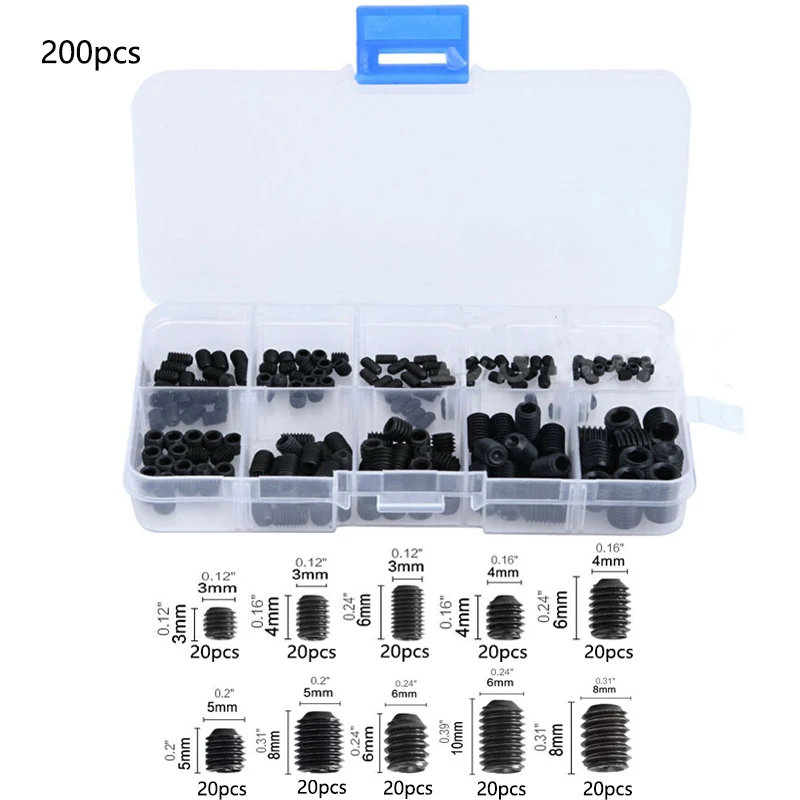 

200pcs Black Allen Head Socket Hex Set Grub Screw Cup Point Assortment Kit + Box