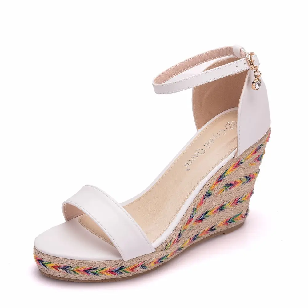 

Crystal Queen 9cm Peep Toe High Heels White Wedges Platform Sandals Shoes Plus Size 33-42