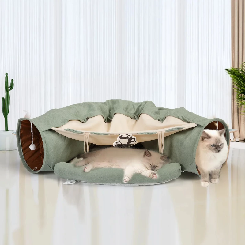 

2-в-1 туннель для кошек, разборная игрушка для кошек с моющейся кроватью, зеленый цвет