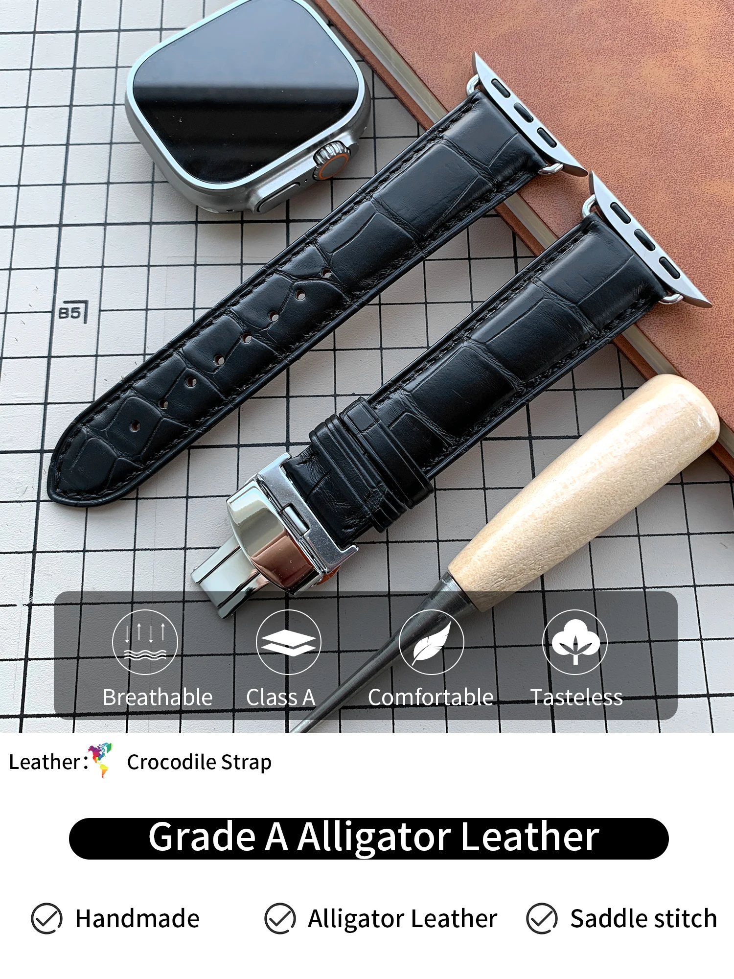 

Ремешок из натуральной кожи аллигатора высокого качества для Apple Watch 8 Ultra 7 6 Se 5 4, браслет с застежкой-бабочкой 41 мм 45 мм 49 мм