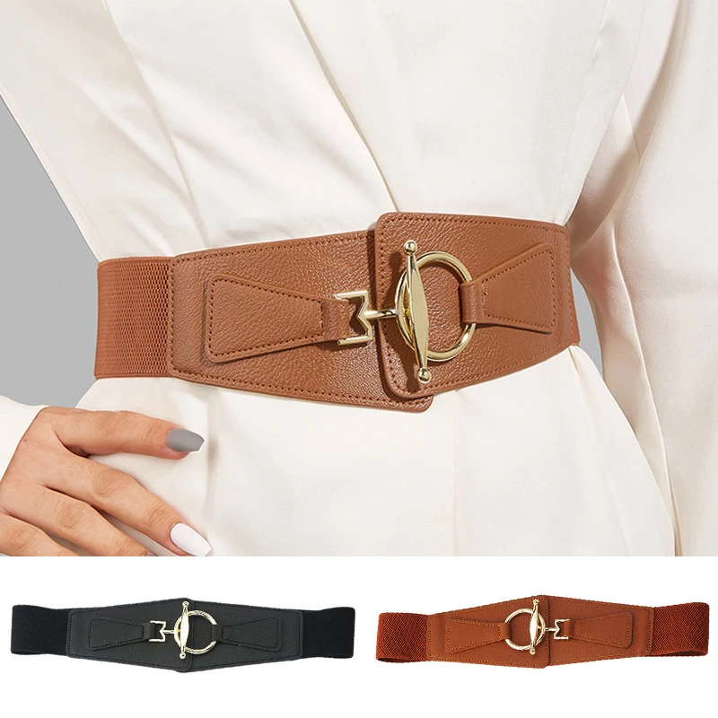 

New Fashion Elastic Wide Belt Strap Vintage Women Faux Leather Buckle Elastic Wide Belt Strap Solid Color Waistband