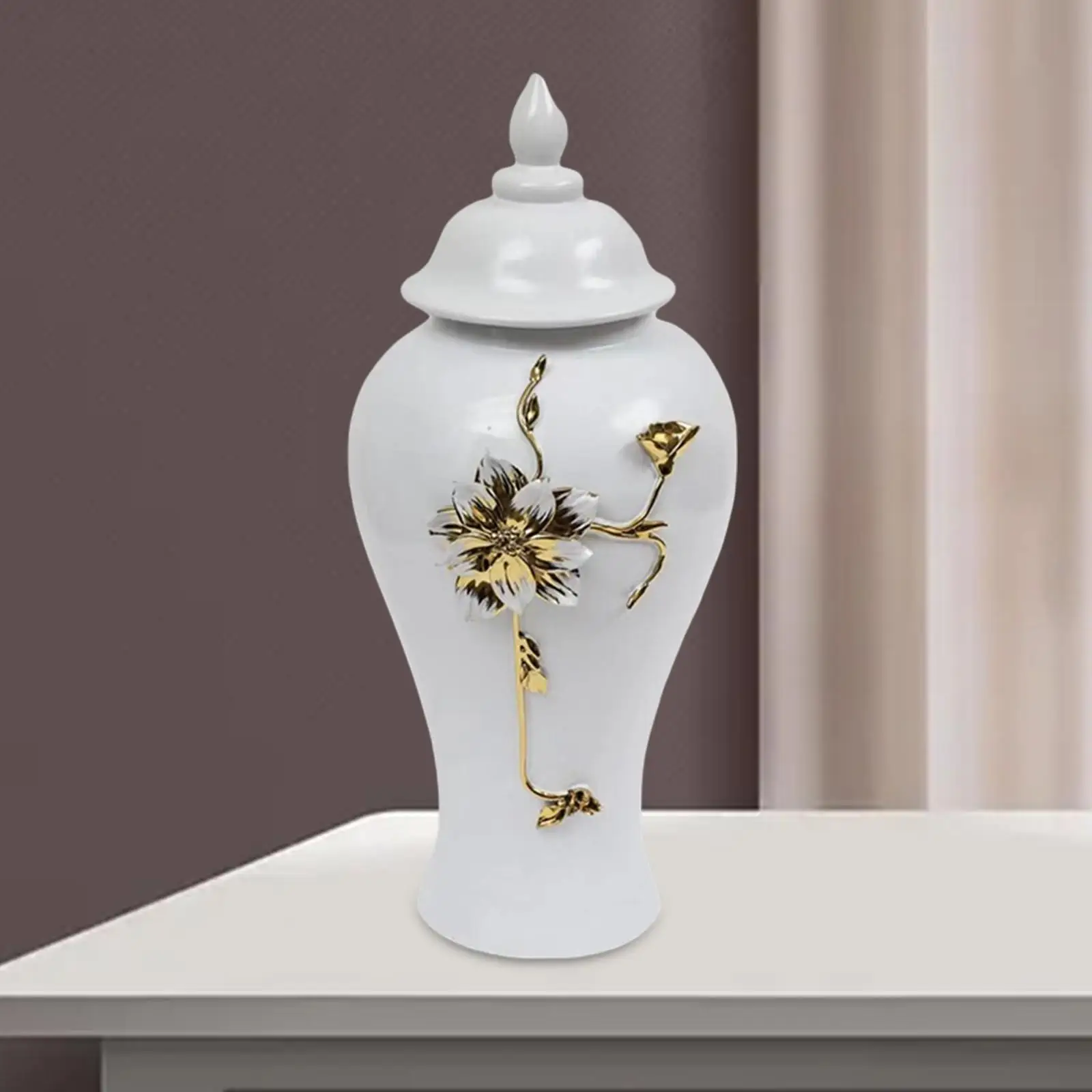 

White and Aureate Ginger Jar 18 inch Ornaments Ceramic Flower Vase Storage Jar for Arrangement Floral Bedroom Office Weddings