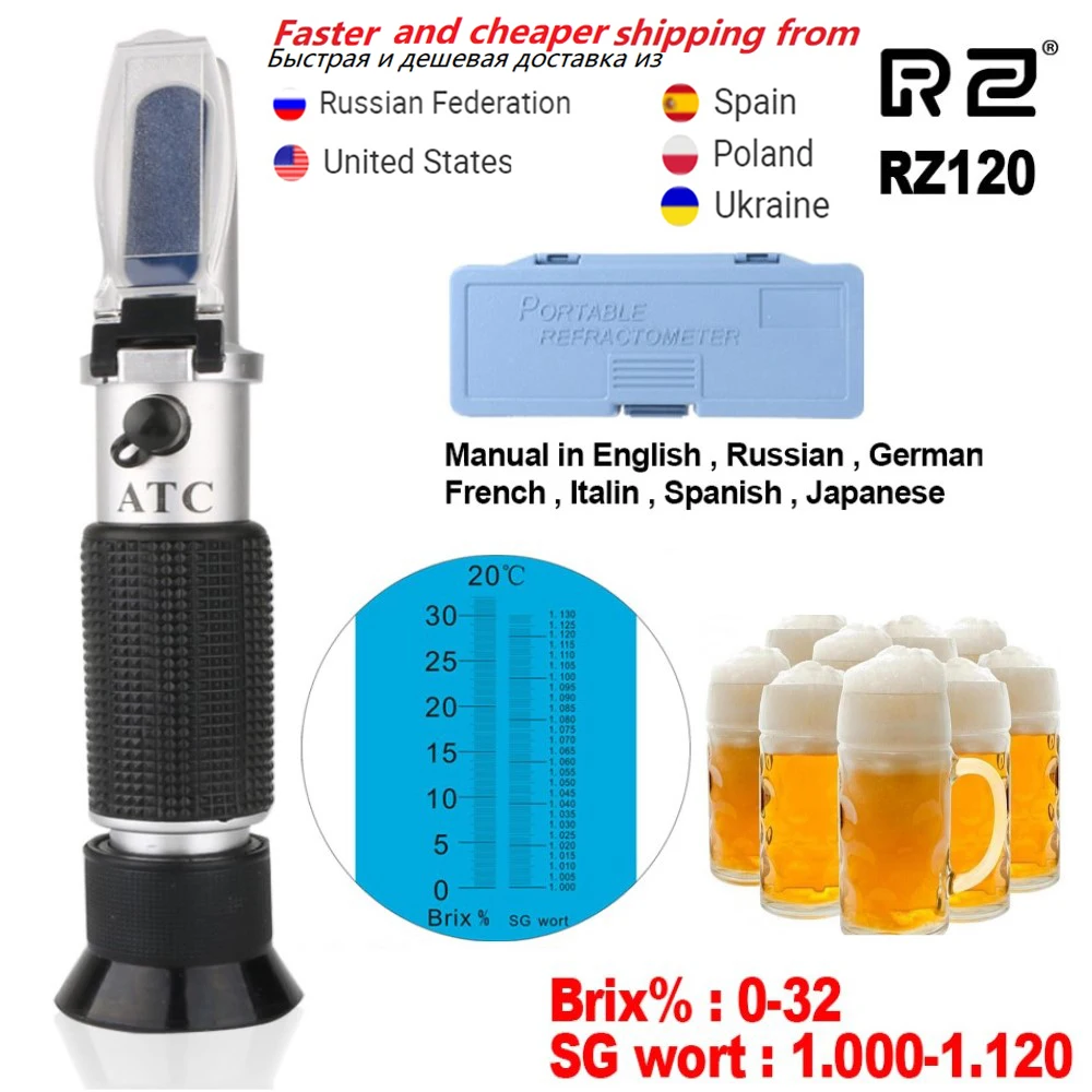 RZ120 Beer Refractometer Brix 32% Wort ATC for Refractometer Beer Hydrometer Concentration Spirits Test Refractometer for-Beer