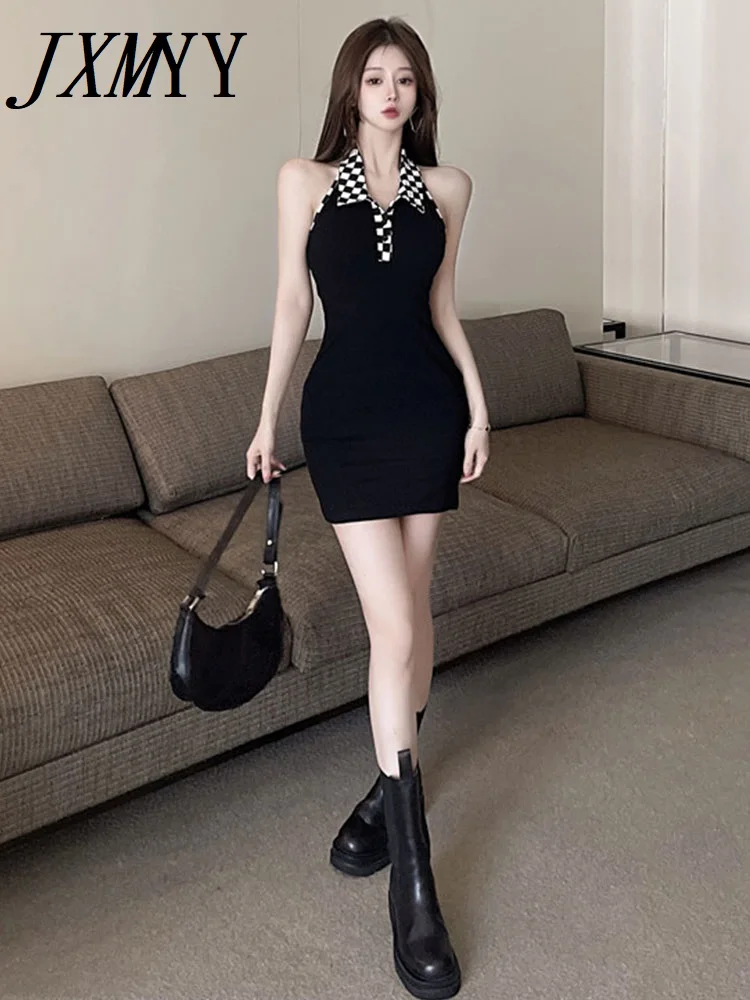 

Summer Fashion New Products Ins Lapel Plaid Stitching Halter Neck Slim Waist Bag Hip Open Back Sleeveless Dress Women's Dress