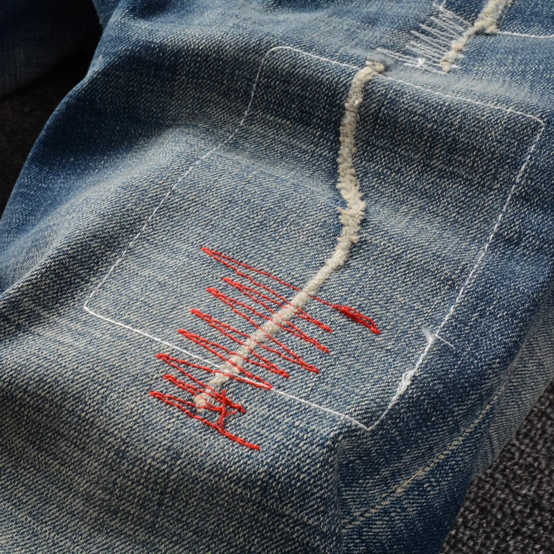 Fashion Streetwear Men Jeans Retro Blue Embroidery Designer Elastic Slim Fit Ripped Jeans Men Patched Vintage Denim Pants Hombre
