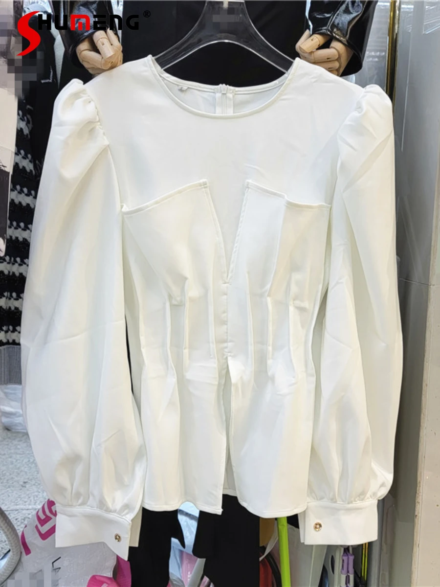 

European 2022 New Women Fashion Simple Crew Neck Pleated Blouses Top Ladies Simple Slim Waist Solid Color Long Sleeve Shirt Top