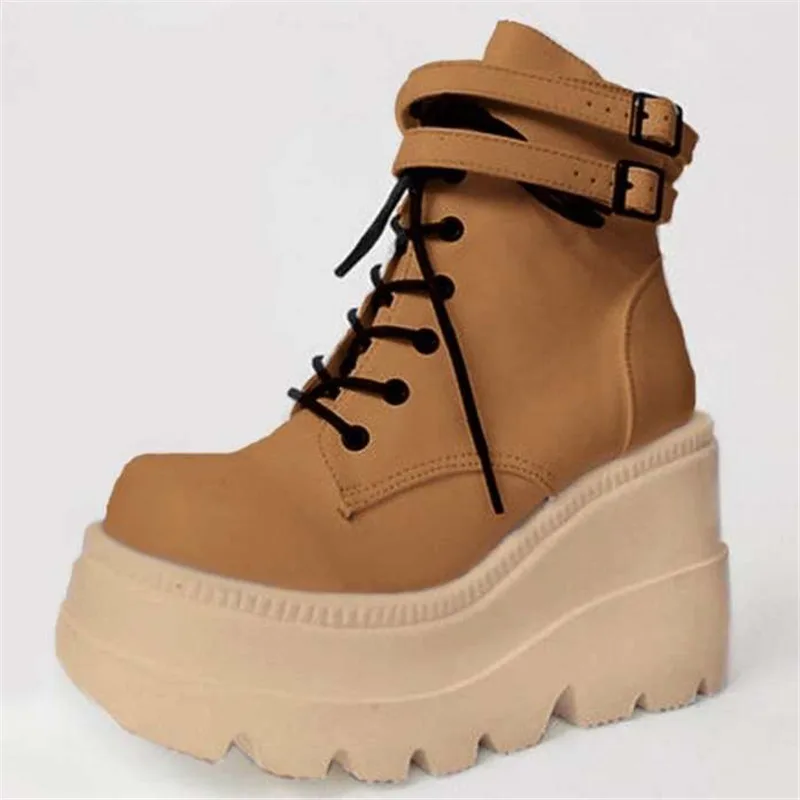 

Nice Pop Winter Women Platform Boots Fashion Thick Bottom Ankle Boots Wedges Shoes Woman Lace Up Buckle Ankle Boots Botas Mujer