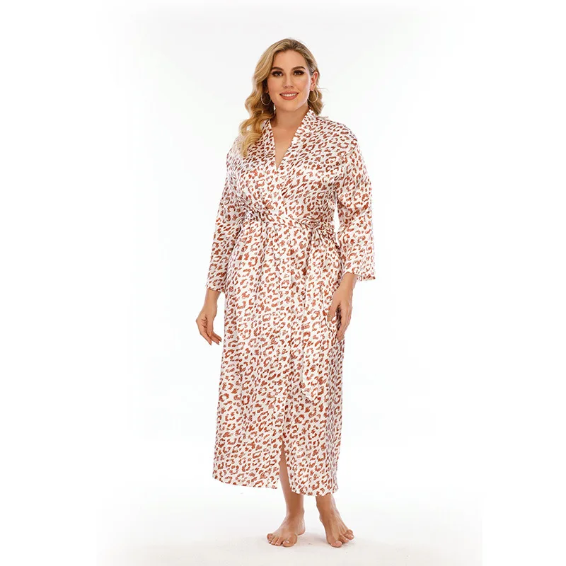 Plus Size Nightdress Leopard Printed Satin Robe for Women Sleepwear Night Gown Home Clothes Bathrobe Pajamas Lounge Wear Kimono