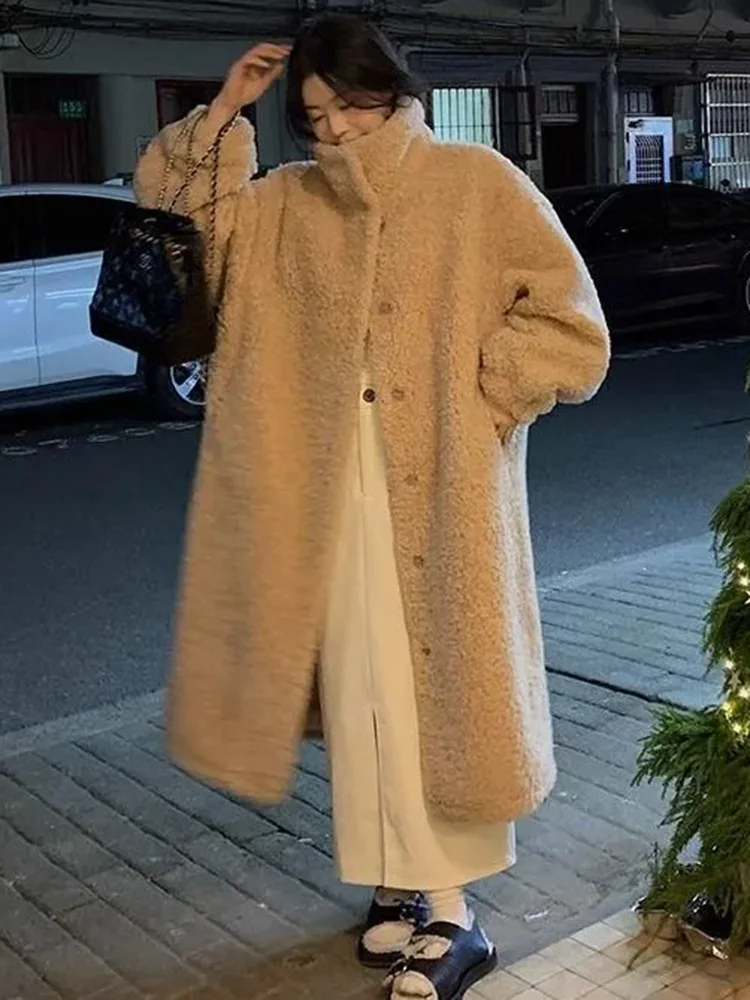 Свободные Утепленные длинные куртки из овечьей шерсти женские повседневные