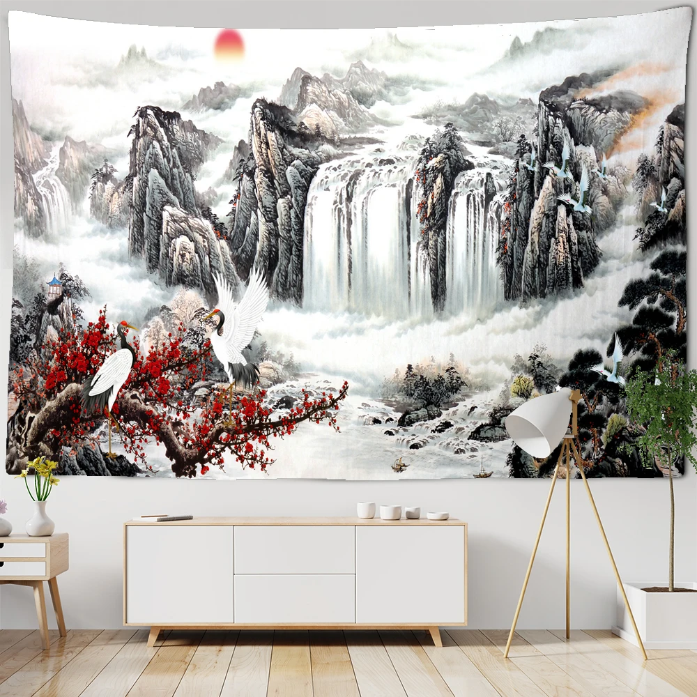 

Chinese Style Landscape Tapestry Mountain Waterfall Lotus Crane Natural Scenery Wall Hanging Garden Decor Mural Decorative Mat
