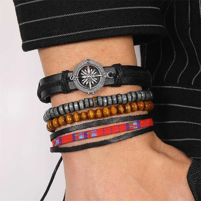 

Винтажный Многослойный кожаный браслет для мужчин, плетеный веревочный браслет ручной работы с бусинами и шармами, мужской подарок, 4-6 шт.