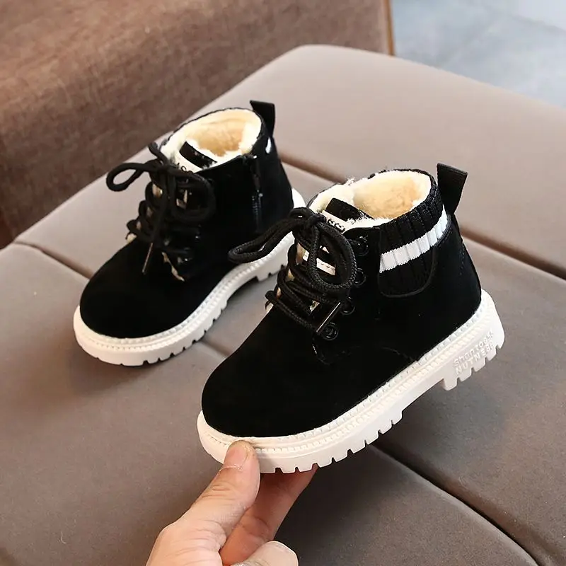 Boys' Martin Boots Plush Children's Flying Weaving Autumn and Winter Cotton Thickened Single Boots Girls' Shoes Warm Baby Shoes