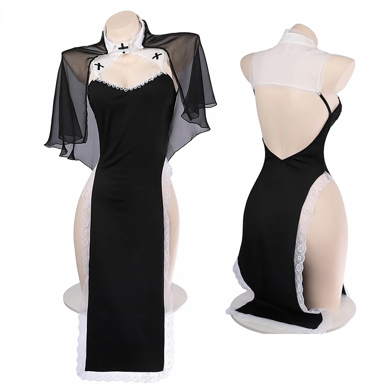 

Halloween Sister Nun Dress Uniform High Split Cheongsam Cosplay Hollow Out Dress Up Lace Nightdress Pajamas Costume Sexy Outfits