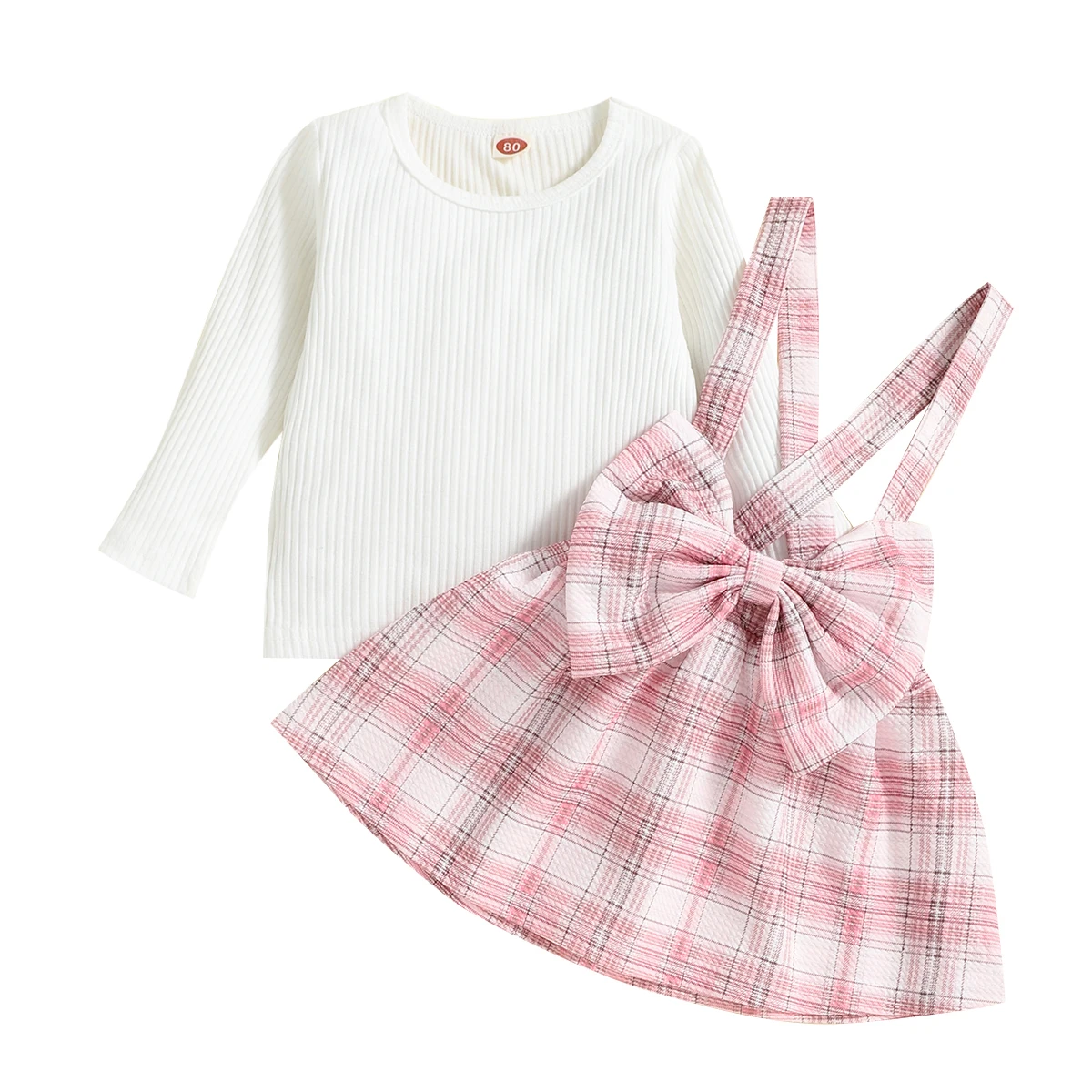 

hibobi Kids Set Long Sleeve Solid White Clothes & Pink Plaid Skirt With Bowknot Two-piece Skirt Set