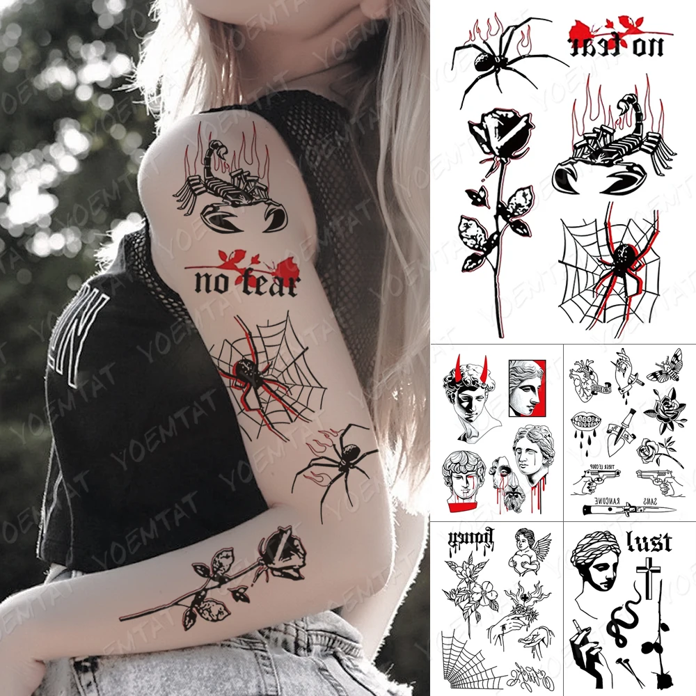 

Waterproof Temporary Tattoo Stickers Rose Spider Scorpion David Sculpture Pistol Tatoo Body Art 3D Fake Tattoos For Men Women