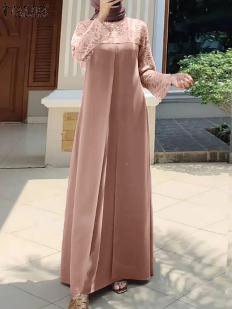 

ZANZEA Stylish Lace Patchwork Sundress Women Muslim Dress Long Sleeve Maxi Vestidos Female Solid Marocain Turkish Robe Femme