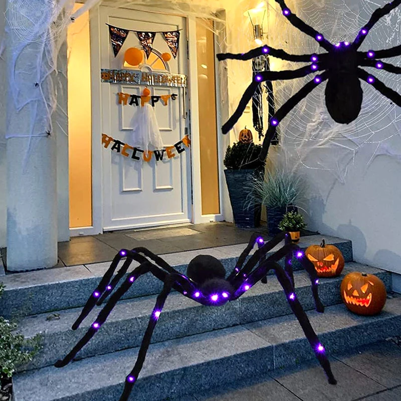 125/75cm Black Scary Giant Spider with Huge Purple LED Spider Web Halloween Decoration Props Haunted Indoor Outdoor Decoration