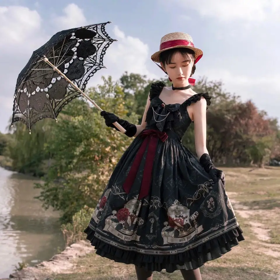 Japanese Goth Black Suspender Princess Lolita Dress Vintage Women Gothic Print Beading Slevelesss Backless JSK Fairy Dresses