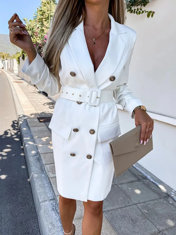 

Elegant Vintage Women Double-breasted Business Mini Dress Lady Office Slim Business Streetwear Dress Turn Down Long Sleeve Dress
