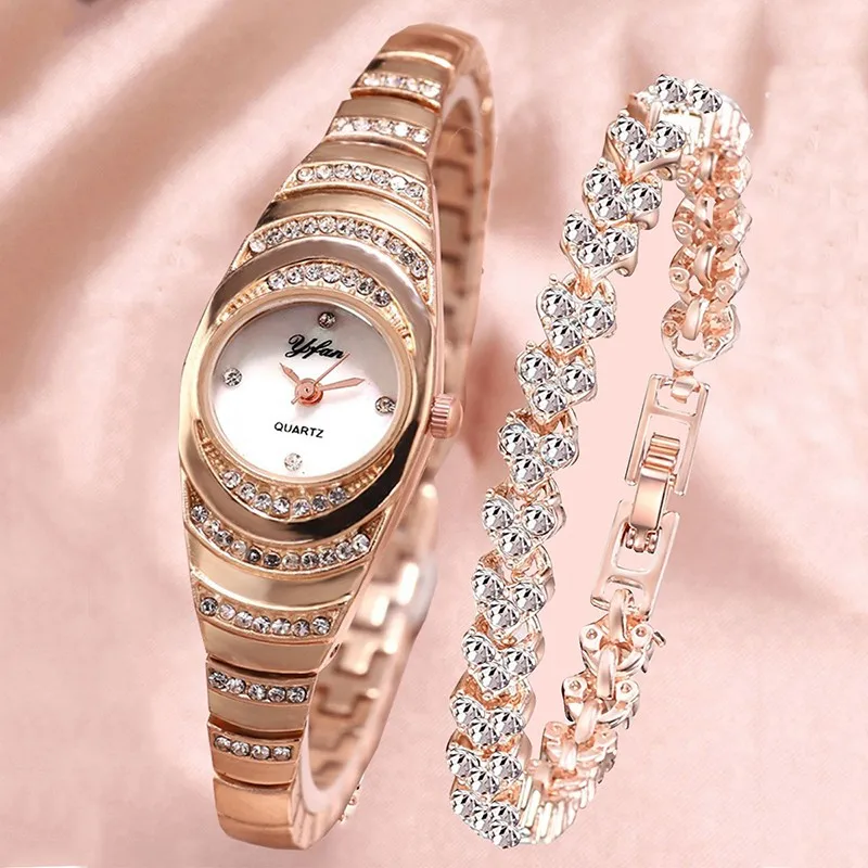 2PCS Fashion Trend Business Versatile Luxury Full CZ Set Elegant Quartz Watch Set Diamond Bracelet Set