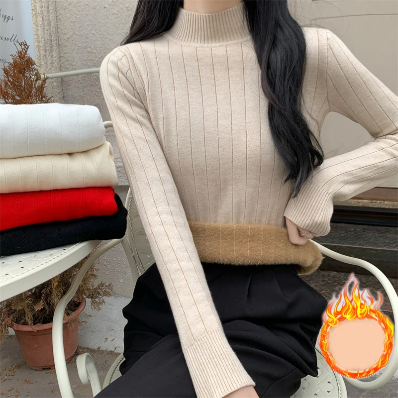 

Thick Women Sweater Winter Warm Pullover Knitted Jumper Soft High Elastic Korean Long Sleeve Solid Black Basic Tops 2023