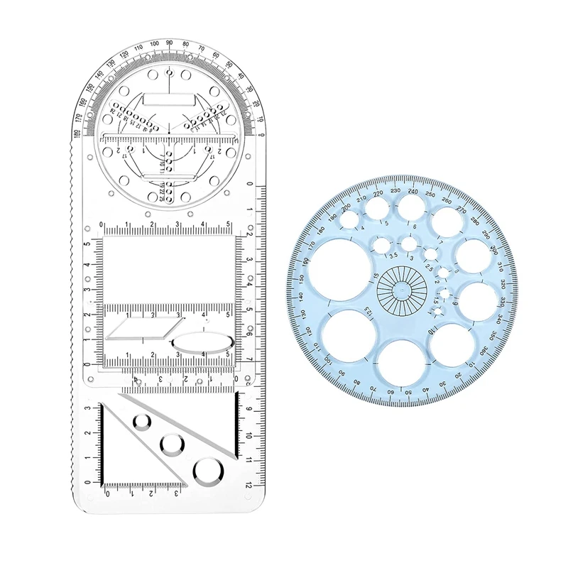 

2 Pcs Multifunctional Geometric Ruler Circle Drawing Tool Drafting Templates Clear Graphic Design Tools Drawing Ruler