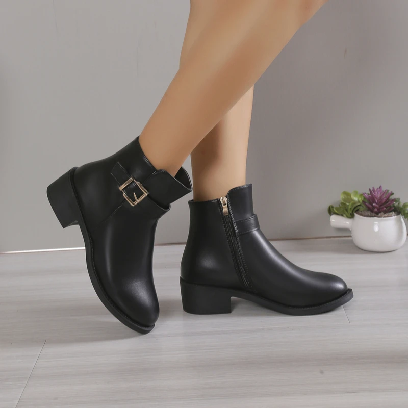 Женские ботильоны на квадратном каблуке мотоциклетные ботинки с круглым носком