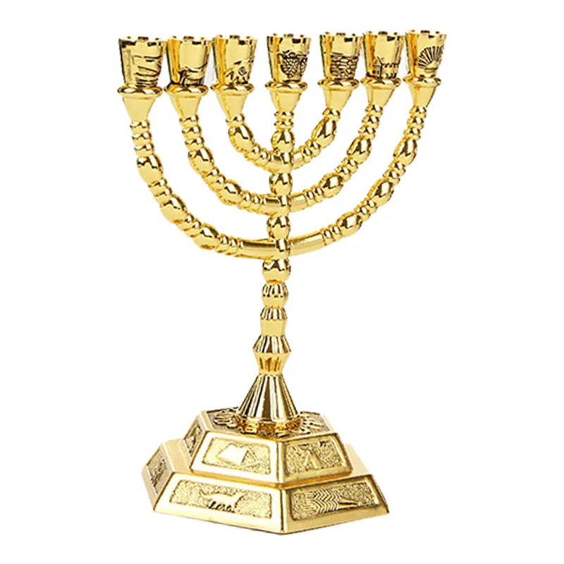 Золотые еврейские подсвечники Menorah ханукки с 7 вещами -L