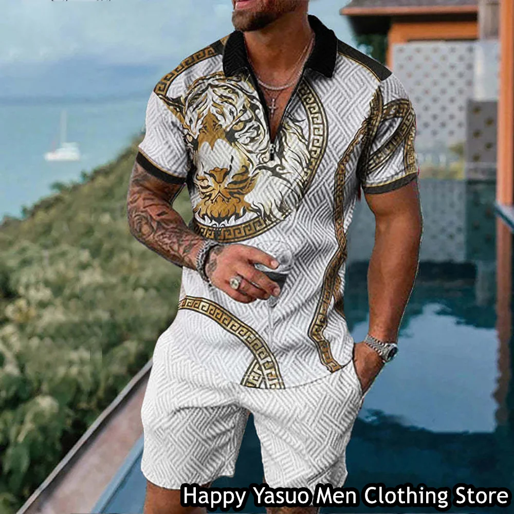 New Summer Men Fashion Polo Shirt Set 2 Pieces Casual Tracksuit Turn Down Collar Zipper Outfit Male Suit Retro Style Clothing