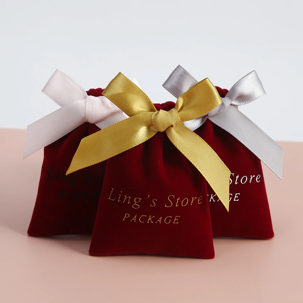 

50pcs Wine Red Velvet Bag with Ribbon Jewelry Ponch for Wedding Party Candy Bag Orgaizer Earrings Mariage Personalizado Custom