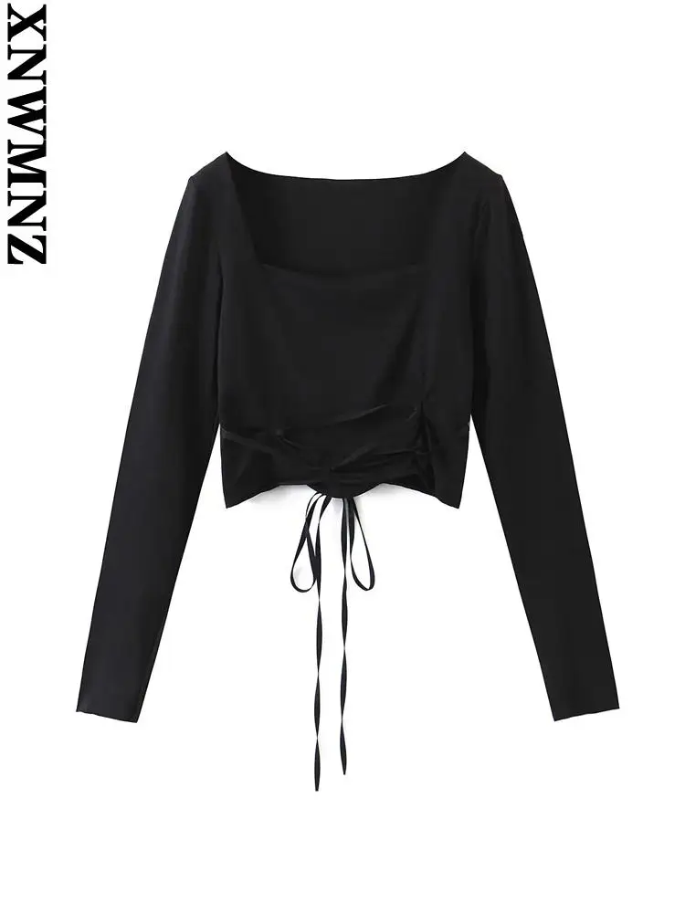 

XNWMNZ blusas elegantes Women sexy fashion with tied cropped blouses vintage long sleeve square collar female shirts chic tops