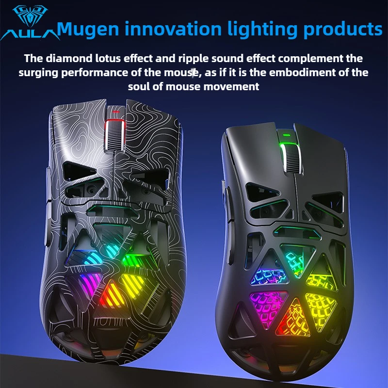 Фото Беспроводная мышь AULA Bluetooth 24G, проводная 3-режимная мышь RGB, полая легкая игровая мышь для киберспорта для настольных компьютеров, ноутбуков №2