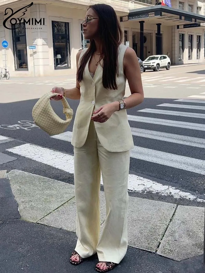 Oymimi повседневные бежевые хлопковые комплекты для женщин 2 штуки V-образный вырез