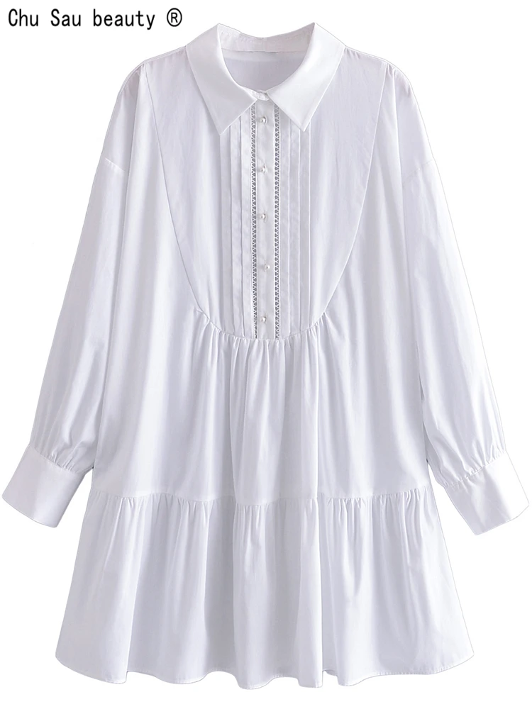 

Женское свободное платье из поплина, повседневное белое платье с длинным рукавом и складками, в винтажном стиле, весна 2022