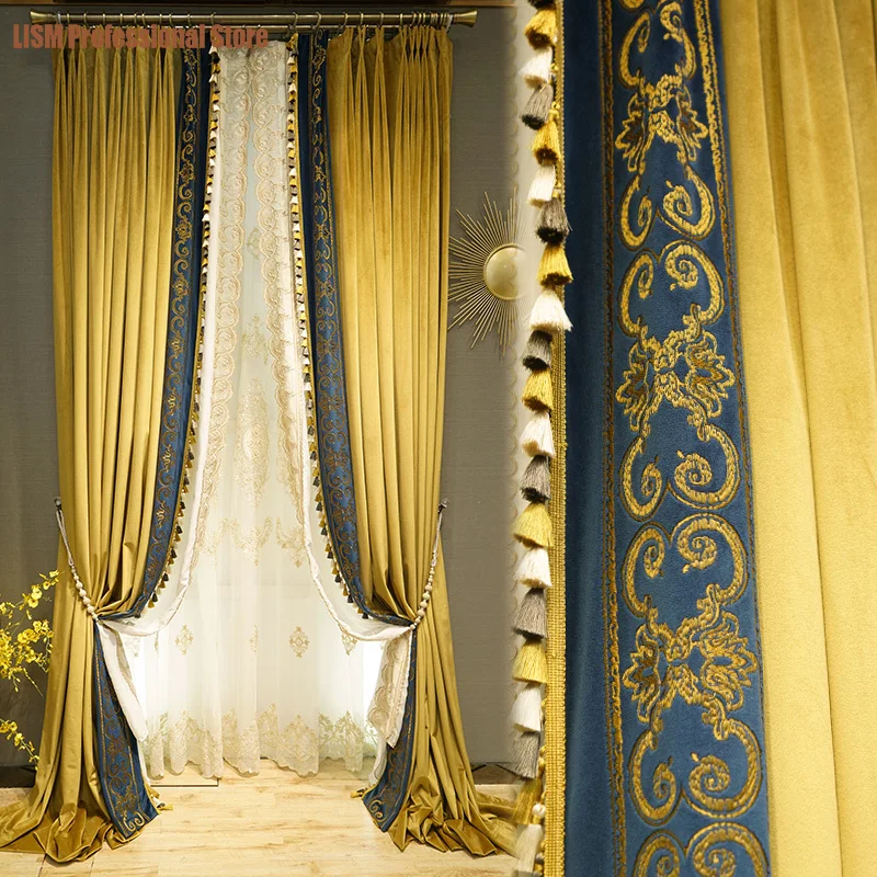 

Высококачественные европейские бархатные плотные затемняющие шторы с вышивкой и кружевом для гостиной и спальни на заказ