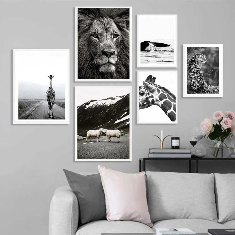 

Black and White Lion Giraffe Sheep Animal Poster Painting on The Wall Art Canvas Prints Nordic Decor Mural Pictures for Room