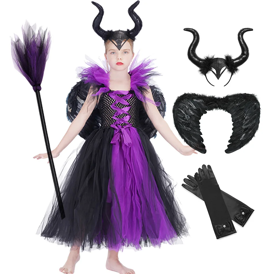 Mädchen Halloween Maleficent Bösen Hexe Schwarz Kleid Tutu Kleid Party Kleider für Mädchen Kinder Dark Evil Königin Cosplay Phantasie Kostüm