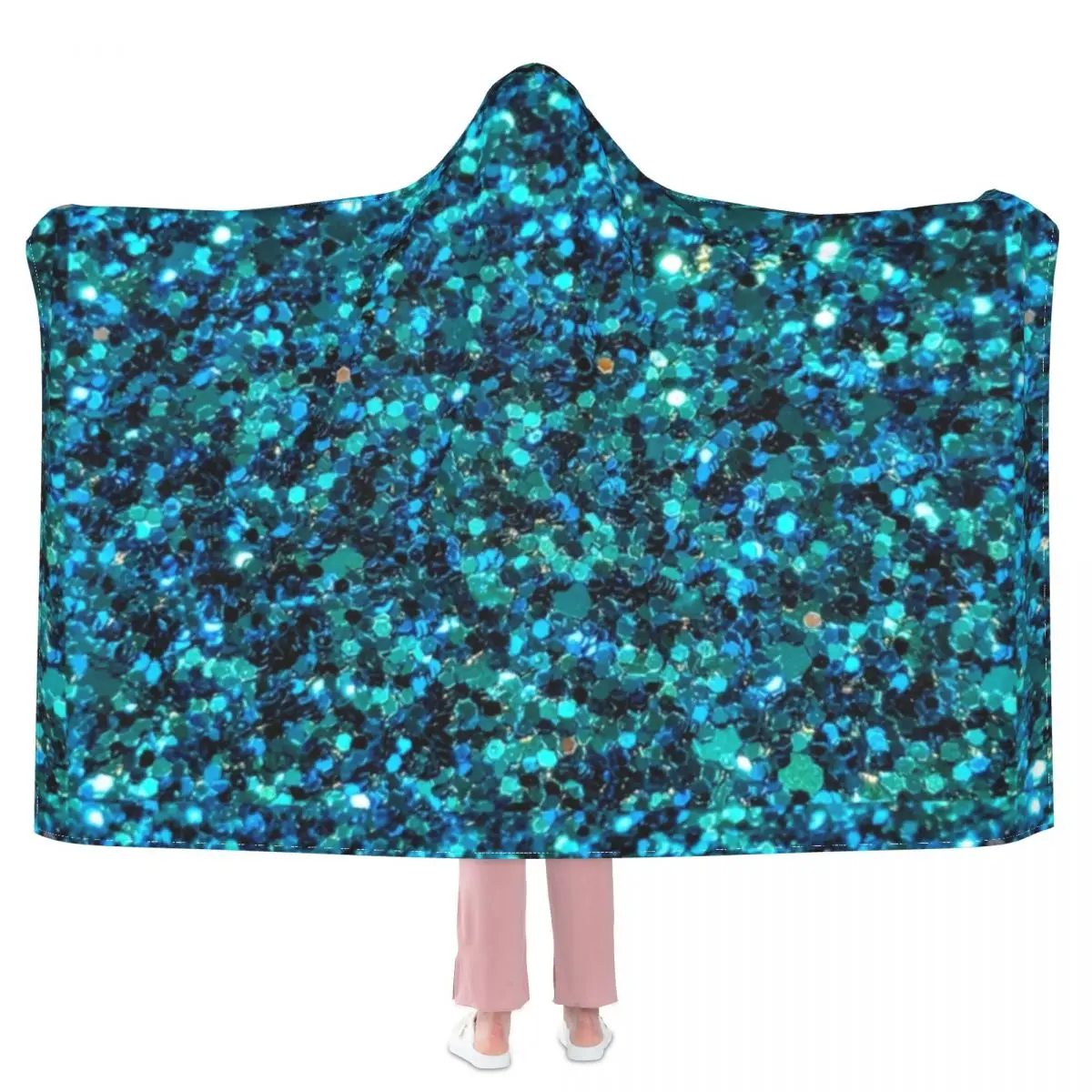 Sequins Artwork Blanket Blue Sparkling Print Cheap Funny Hooded Bedspread Fleece For Photo Shoot Soft Blanket