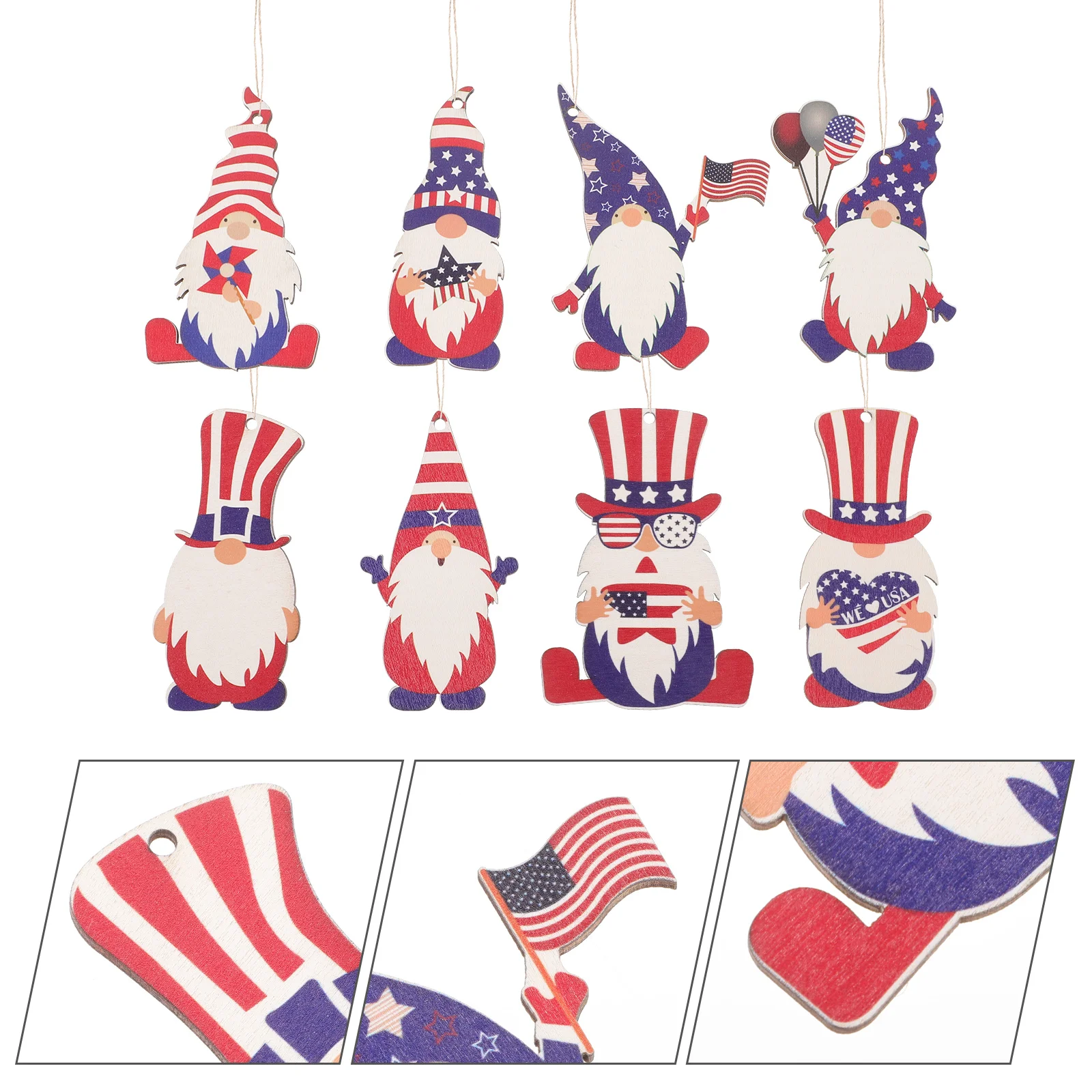 

8 Pcs Independence Day Dwarf Gnome Wood Pendant Wooden Cutouts Dinner Table Decor Themed Dining Decoration Sling Elf Pieces