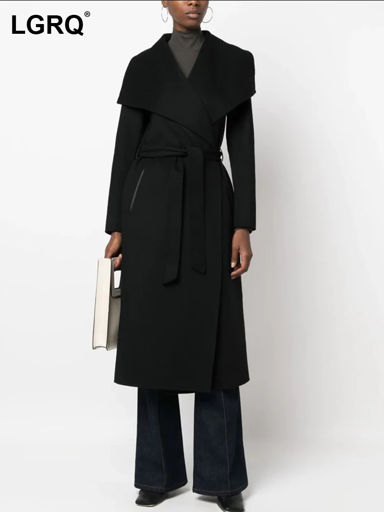 

LGRQ 2023 Autumn Winter Fashion Solid Color Long Trench Jacket Women's Elegant Trendy Bandage Design Windbreaker Coat 19F3420