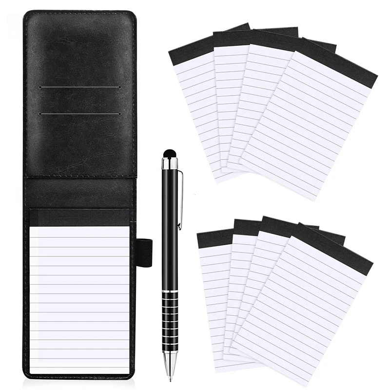 

10Pcs Mini Pocket Notepad Holder Set with Metal Pen and Pocket Notebook Refills (Black)