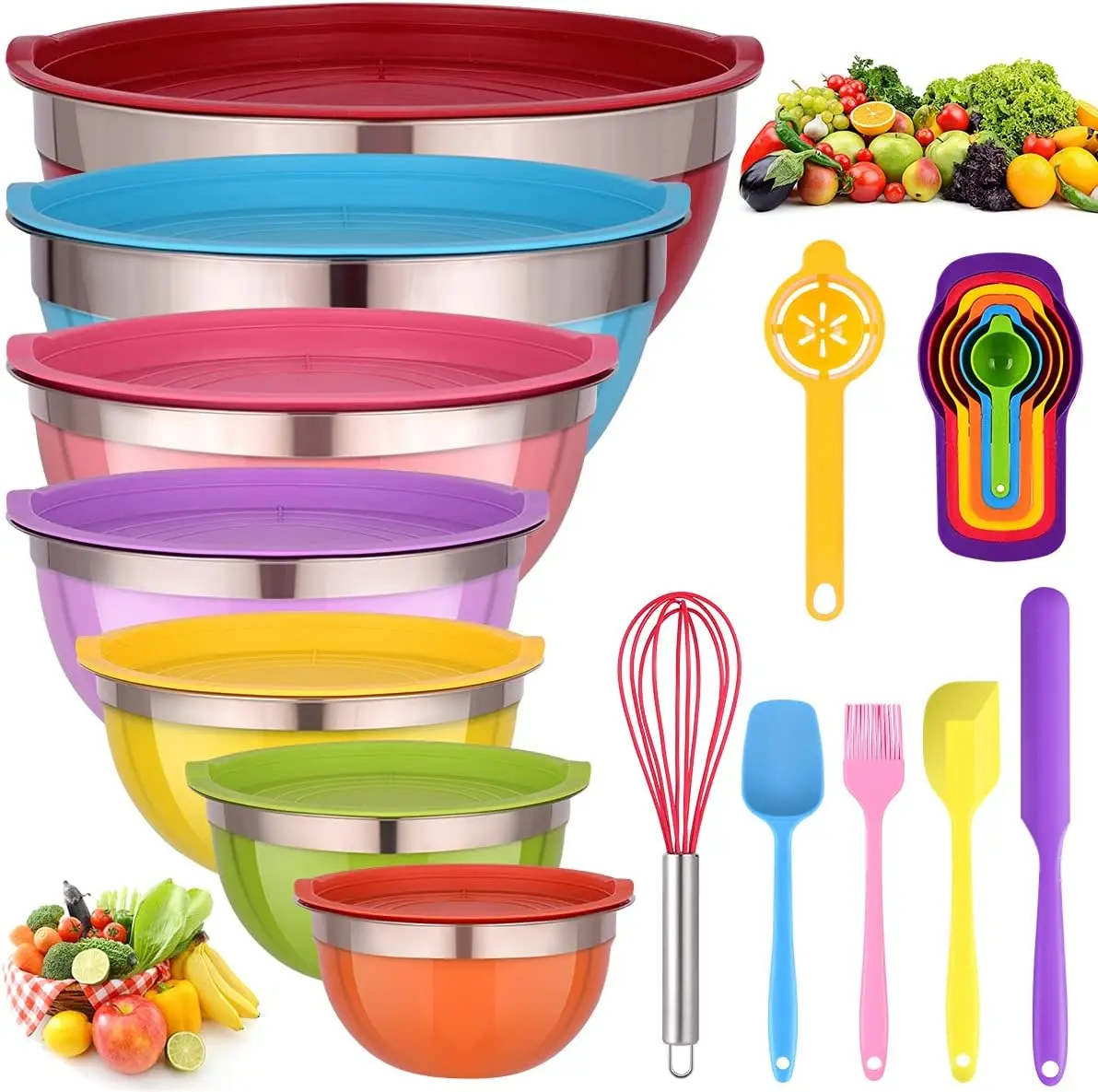 

Bowls with Lids for Kitchen - 26 PCS Stainless Steel Nesting Colorful Mixing Bowls Set for Baking,Mixing,Serving & Prepping, Ram